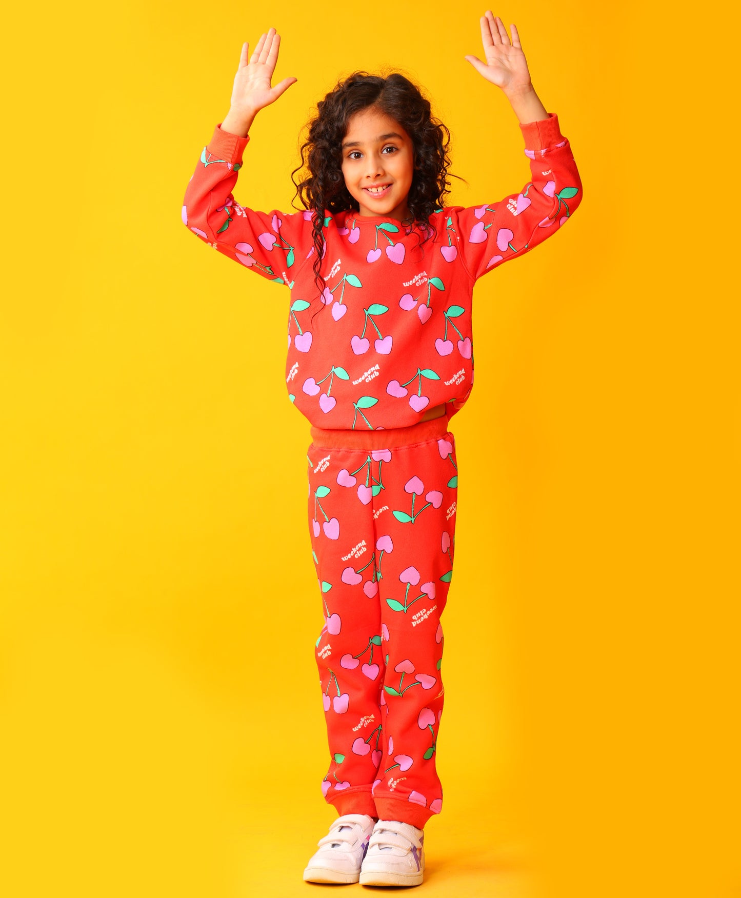 CHERRY RED FLEECE GIRLS SWEATSHIRT JOGGER SET - RED