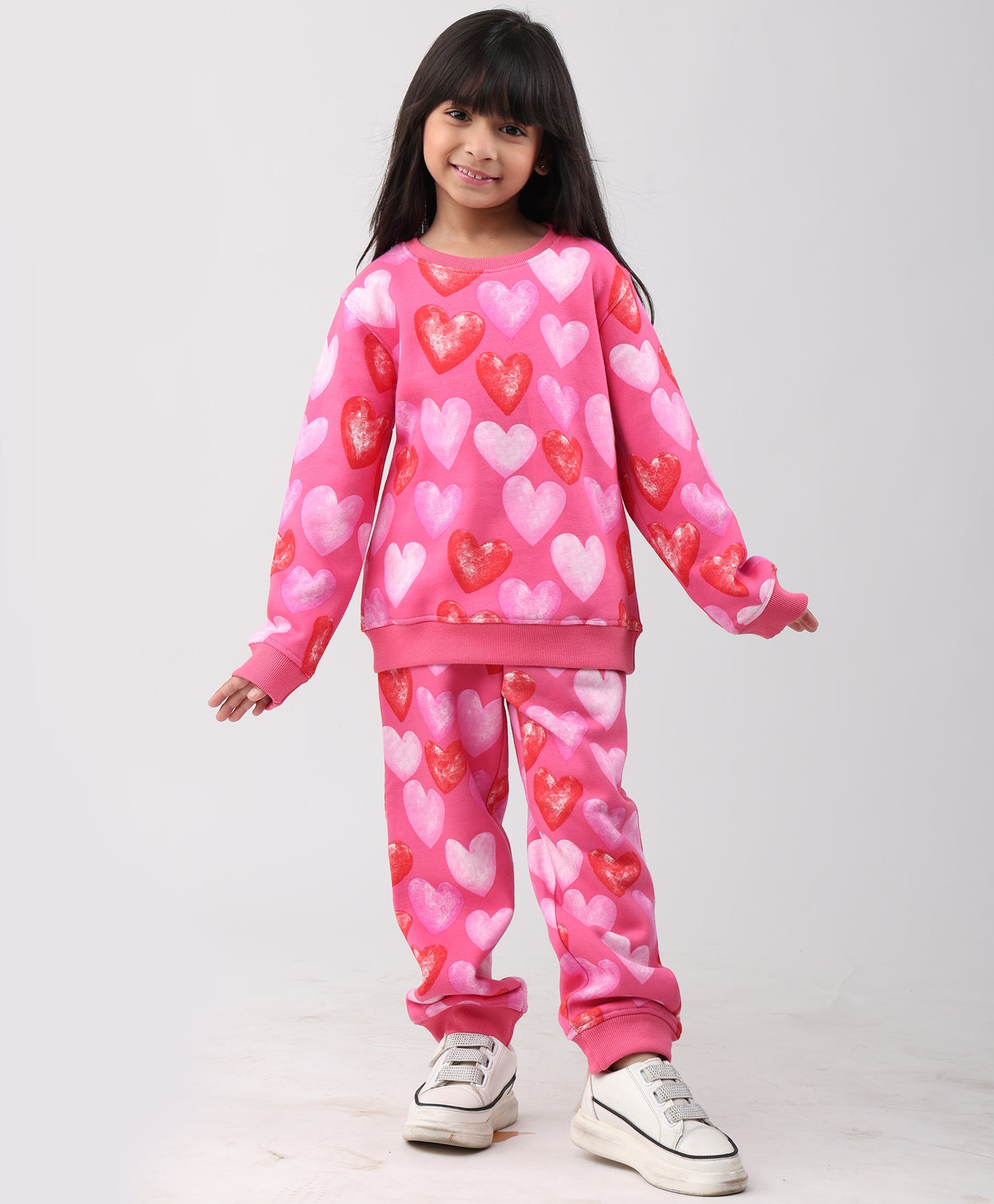 HEART PINK FLEECE GIRLS SWEATSHIRT JOGGER SET - PINK