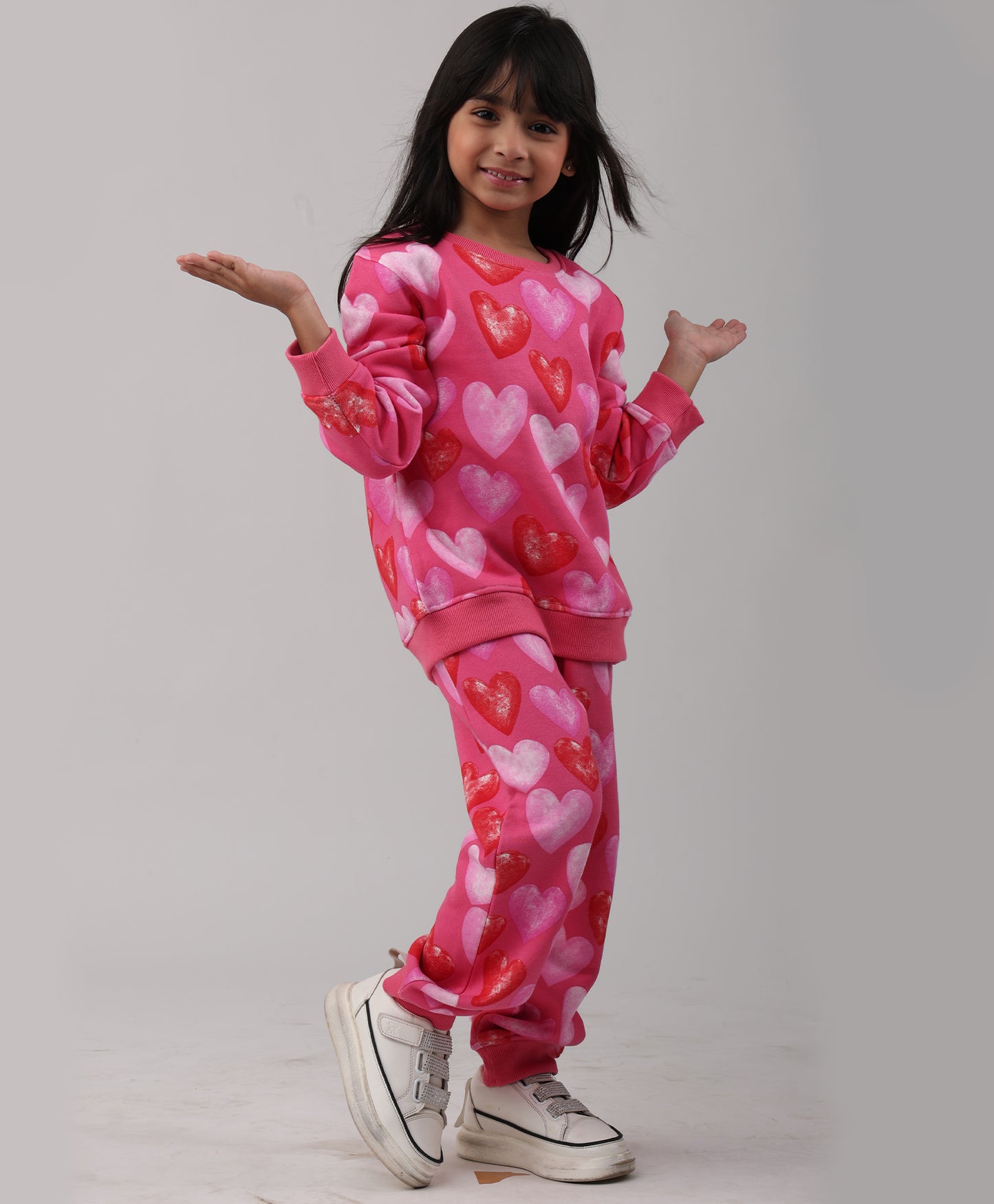 HEART PINK FLEECE GIRLS SWEATSHIRT JOGGER SET - PINK