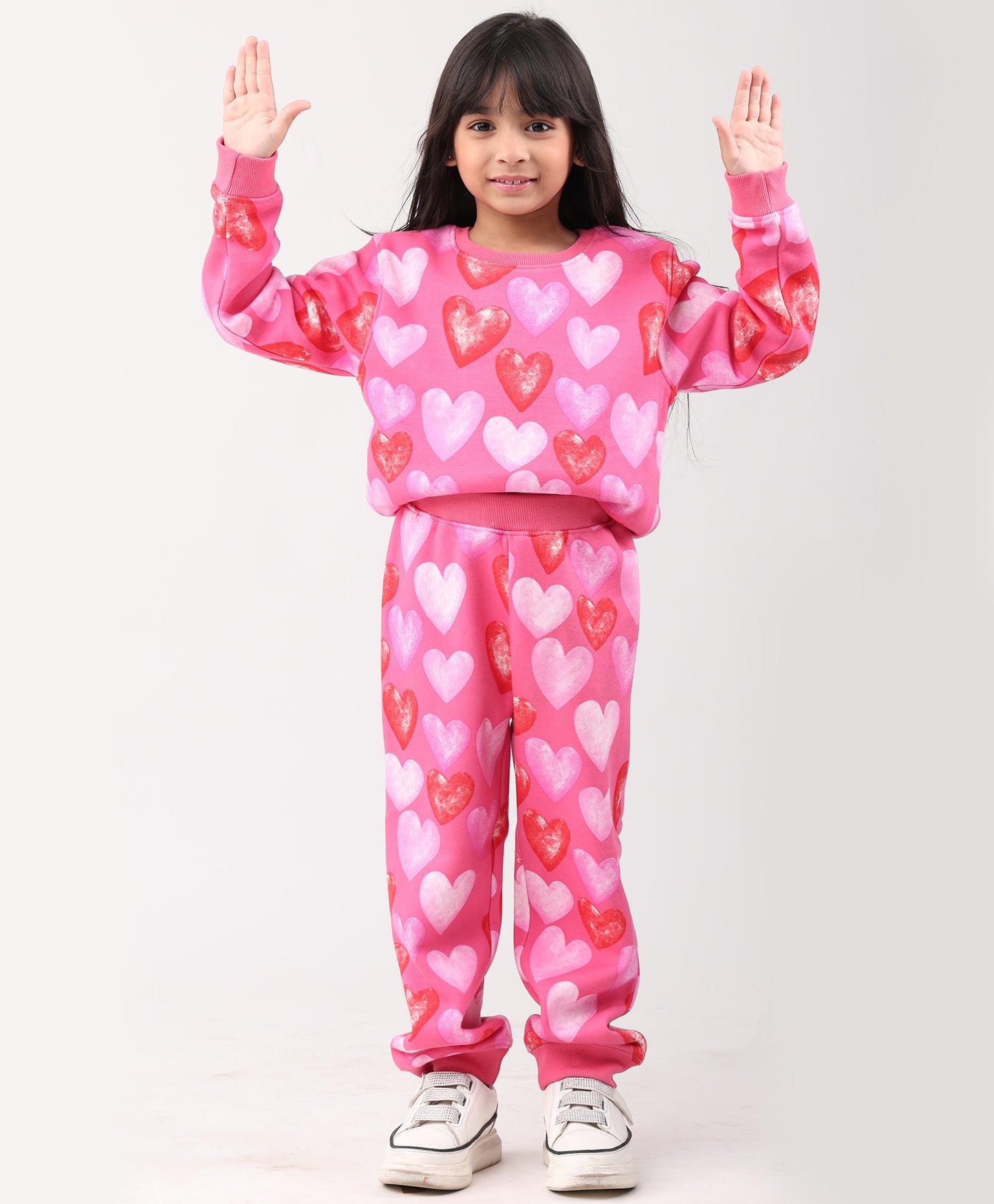 HEART PINK FLEECE GIRLS SWEATSHIRT JOGGER SET - PINK