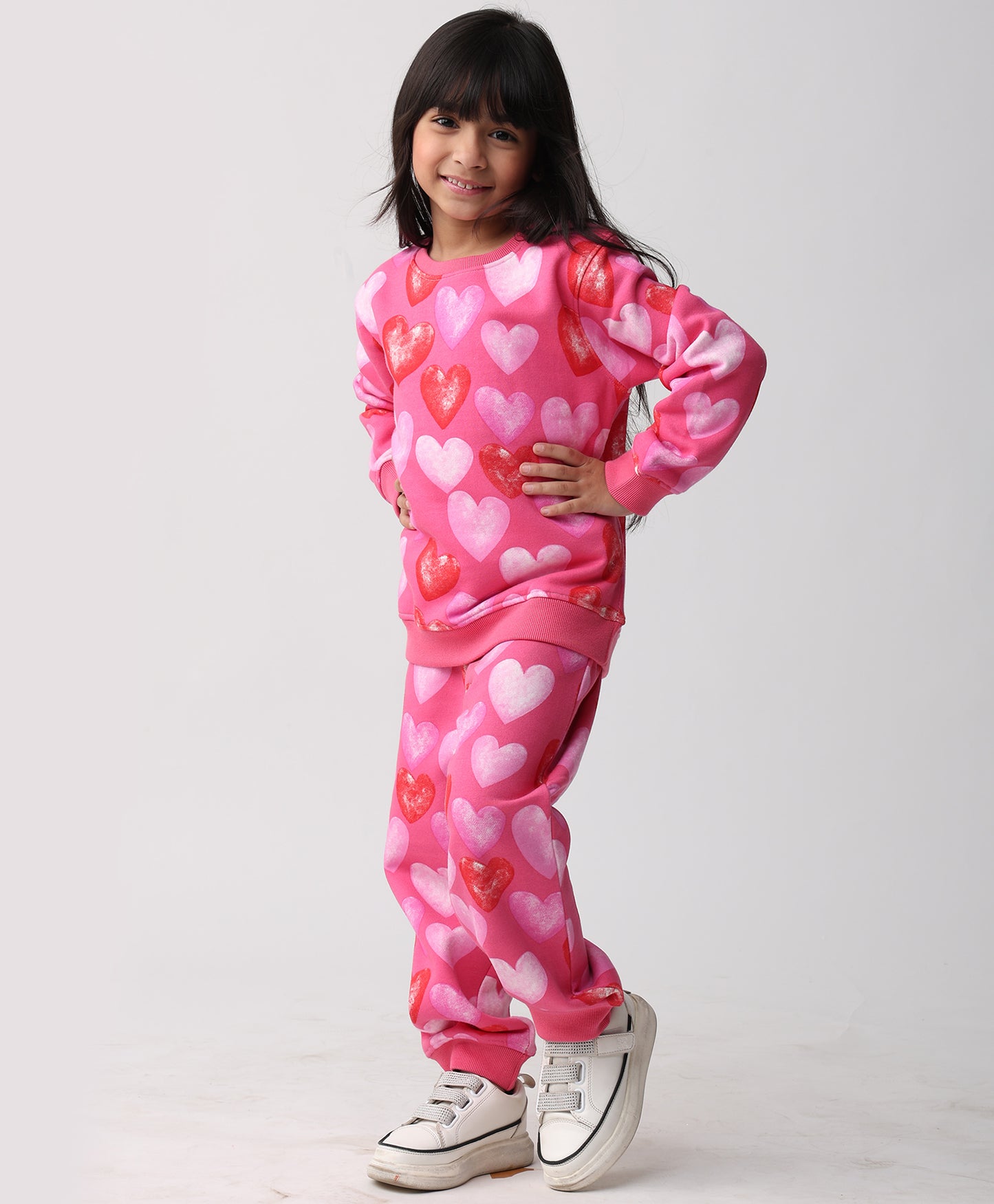 HEART PINK FLEECE GIRLS SWEATSHIRT JOGGER SET - PINK