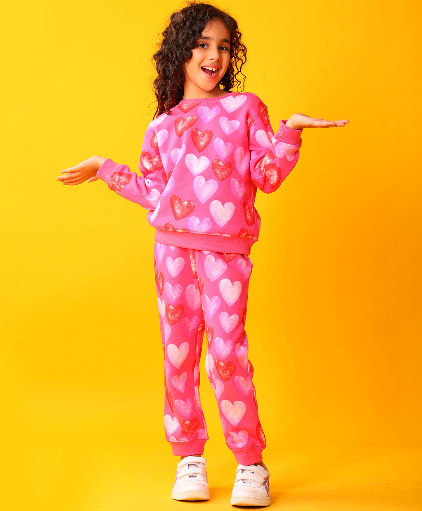 HEART PINK FLEECE GIRLS SWEATSHIRT JOGGER SET - PINK