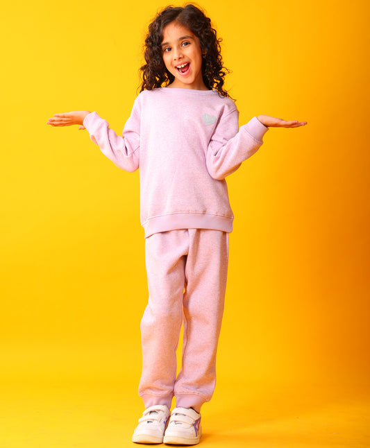 PURPLE MELANGE GIRLS FLEECE SWEATSHIRT JOGGER SET - PURPLE