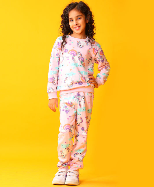 UNICORN HEART GIRLS FLEECE SWEATSHIRT JOGGER SET - PINK