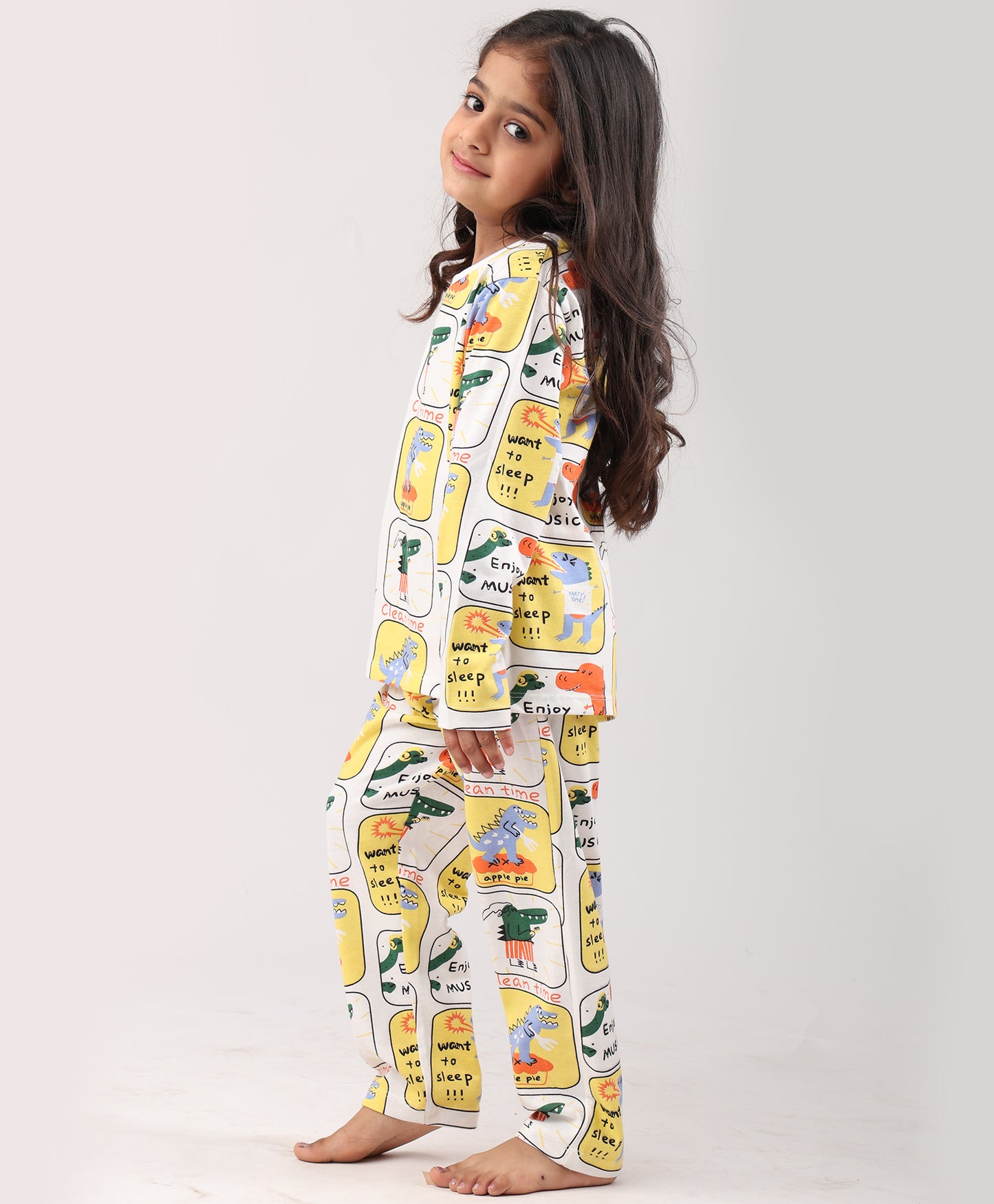 DINOSAUR STAMP GILRS LONG SLEEVE PYJAMA SET - WHITE
