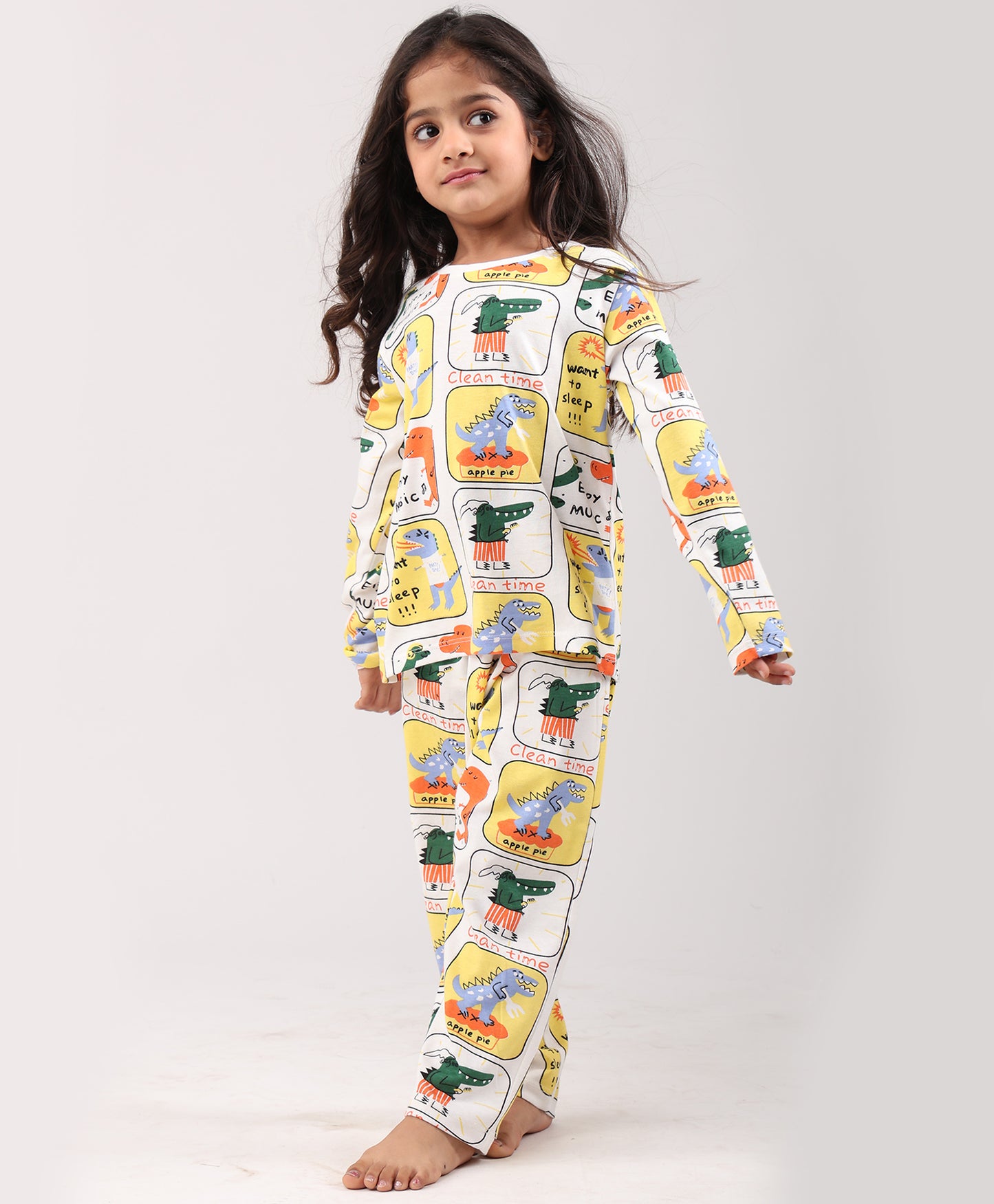 DINOSAUR STAMP GILRS LONG SLEEVE PYJAMA SET - WHITE
