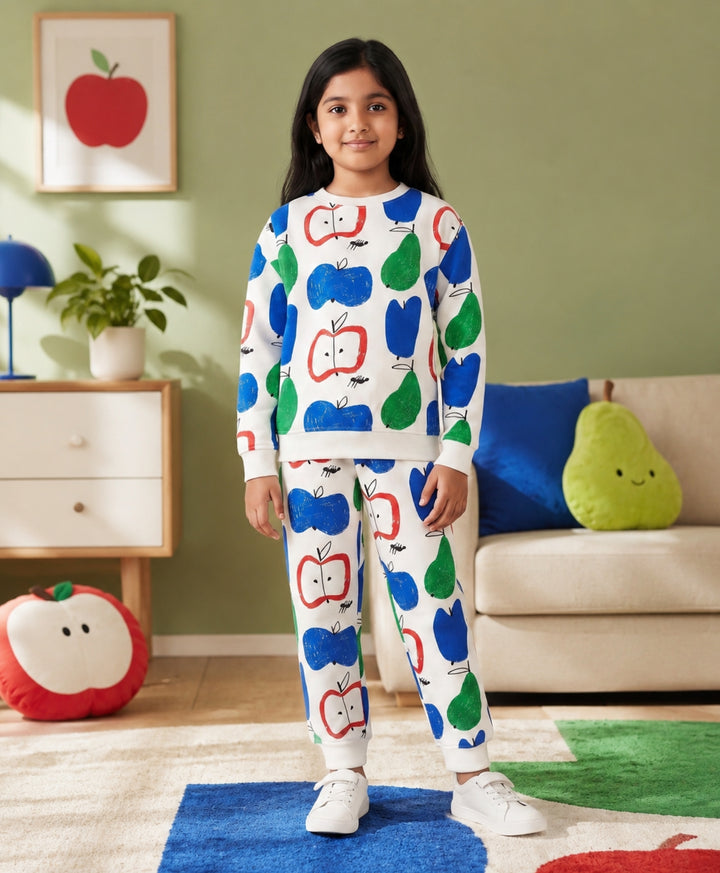 APPLE PEAR GIRLS FLEECE SWEATSHIRT JOGGER SET - WHITE