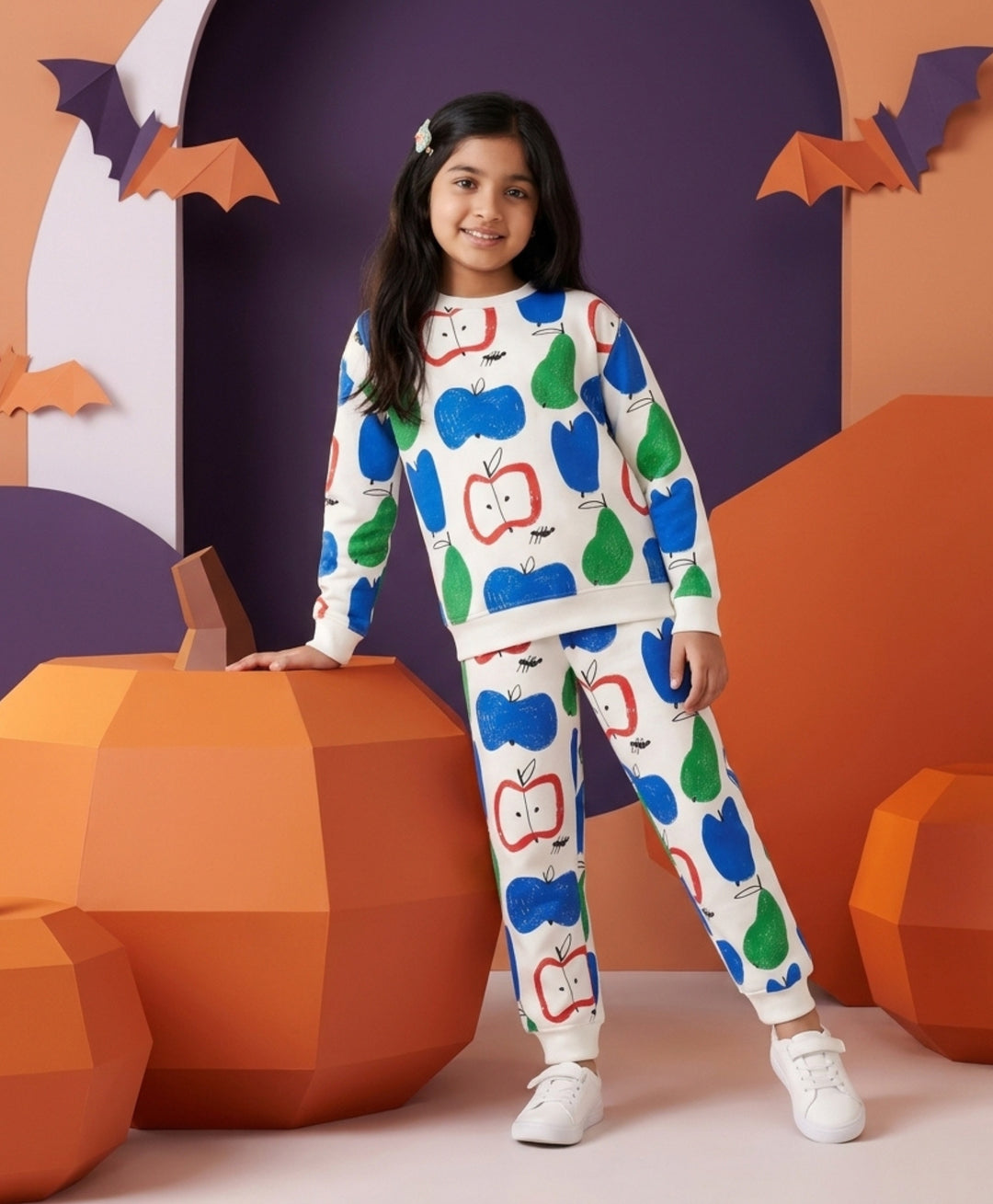 APPLE PEAR GIRLS FLEECE SWEATSHIRT JOGGER SET - WHITE
