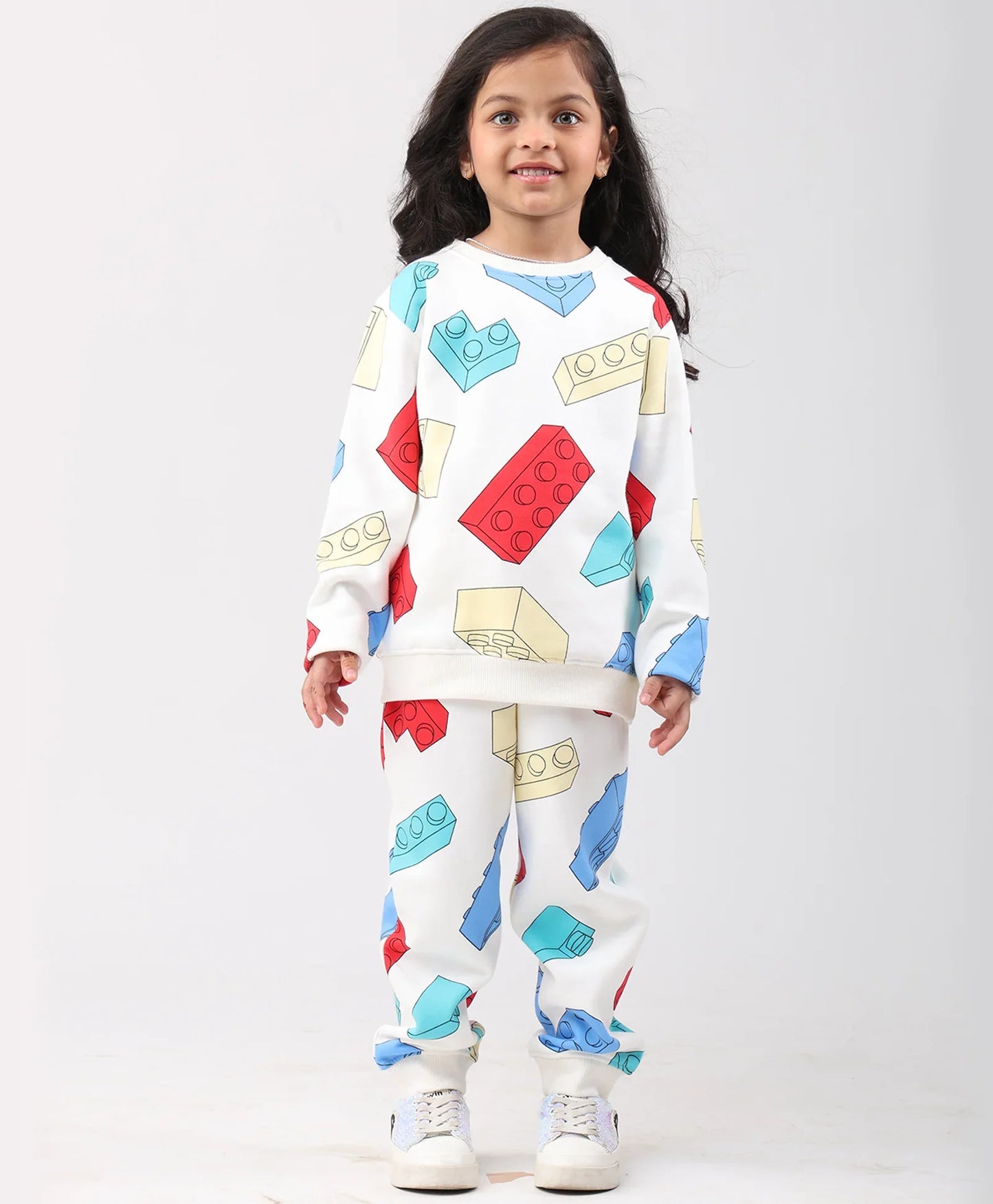BLOCK BUILDER FLEECE GIRLS SWEATSHIRT JOGGER SET - OFF WHITE