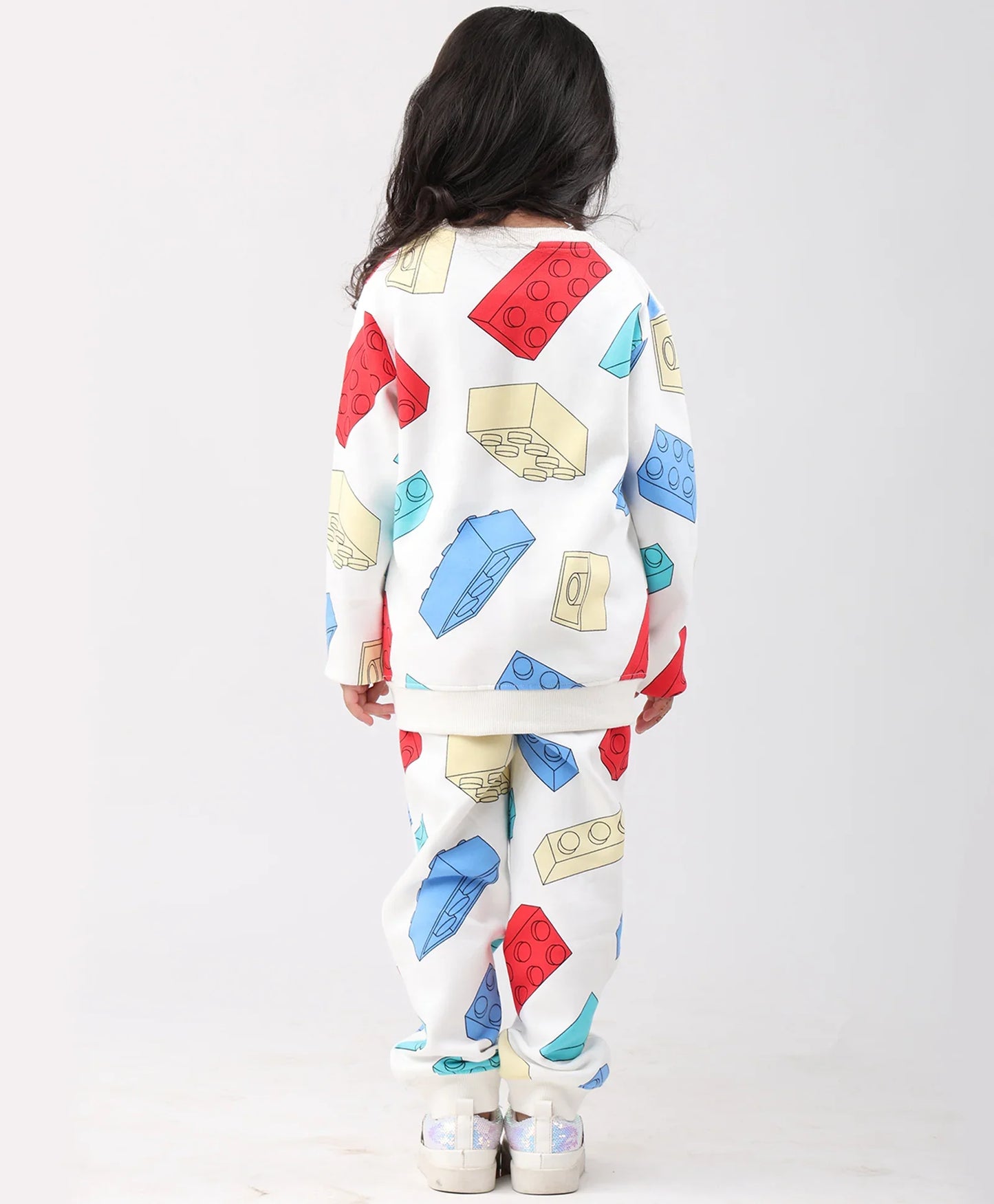 BLOCK BUILDER FLEECE GIRLS SWEATSHIRT JOGGER SET - OFF WHITE