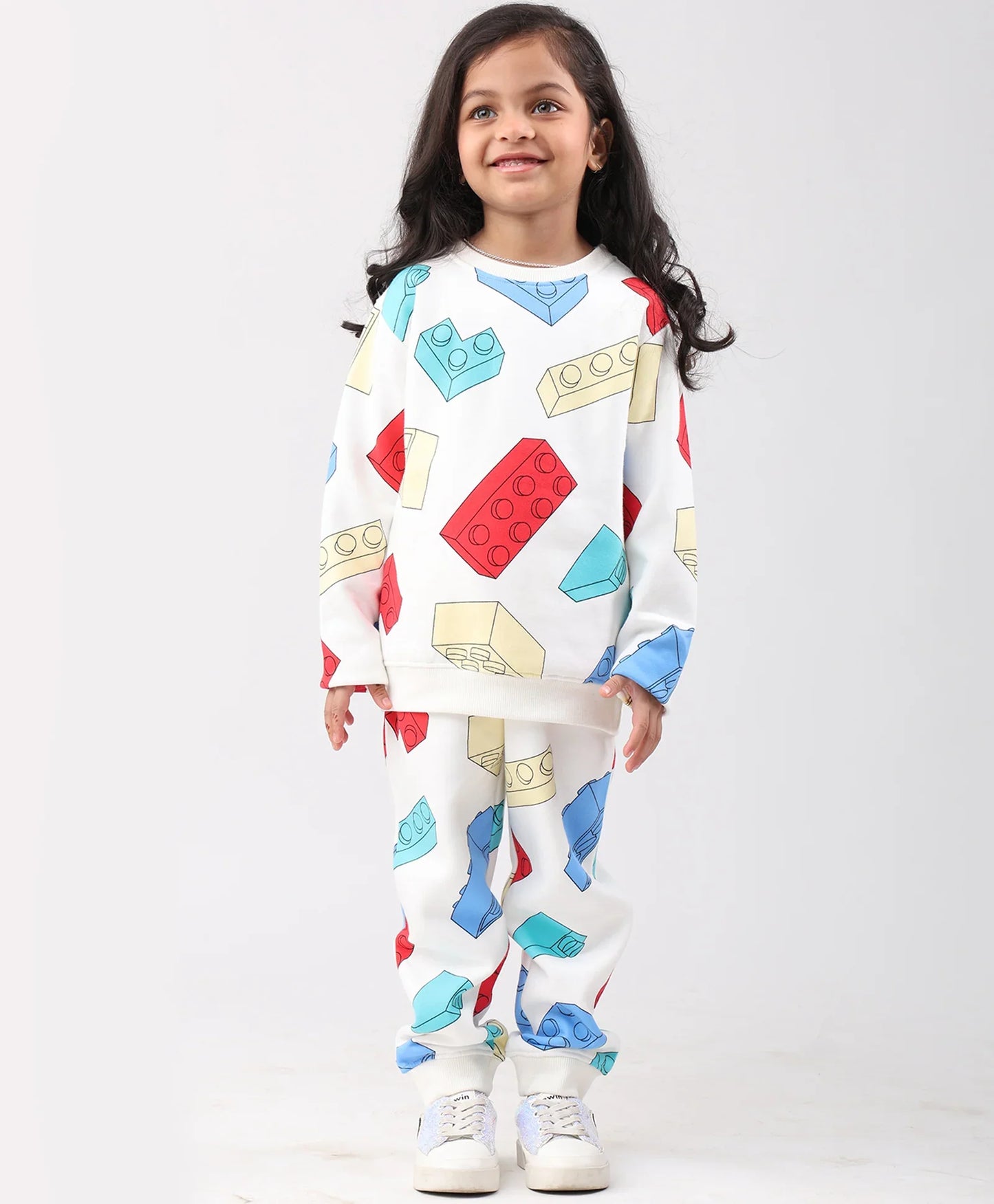 BLOCK BUILDER FLEECE GIRLS SWEATSHIRT JOGGER SET - OFF WHITE