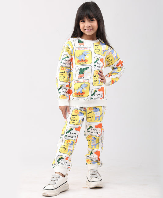 DINOSAUR STAMP FLEECE GIRLS SWEATSHIRT JOGGER SET - OFF WHITE