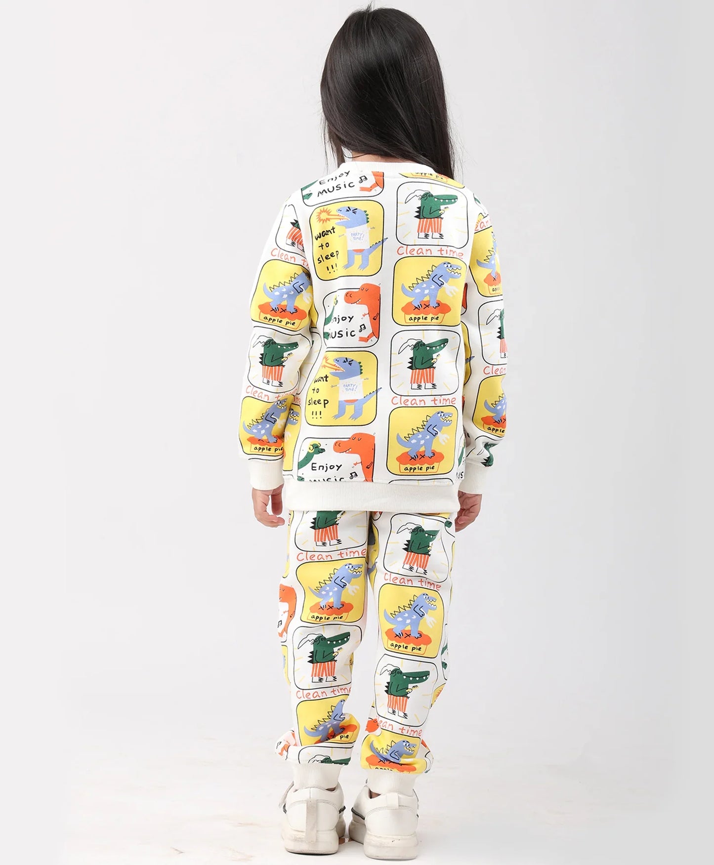 DINOSAUR STAMP FLEECE GIRLS SWEATSHIRT JOGGER SET - OFF WHITE