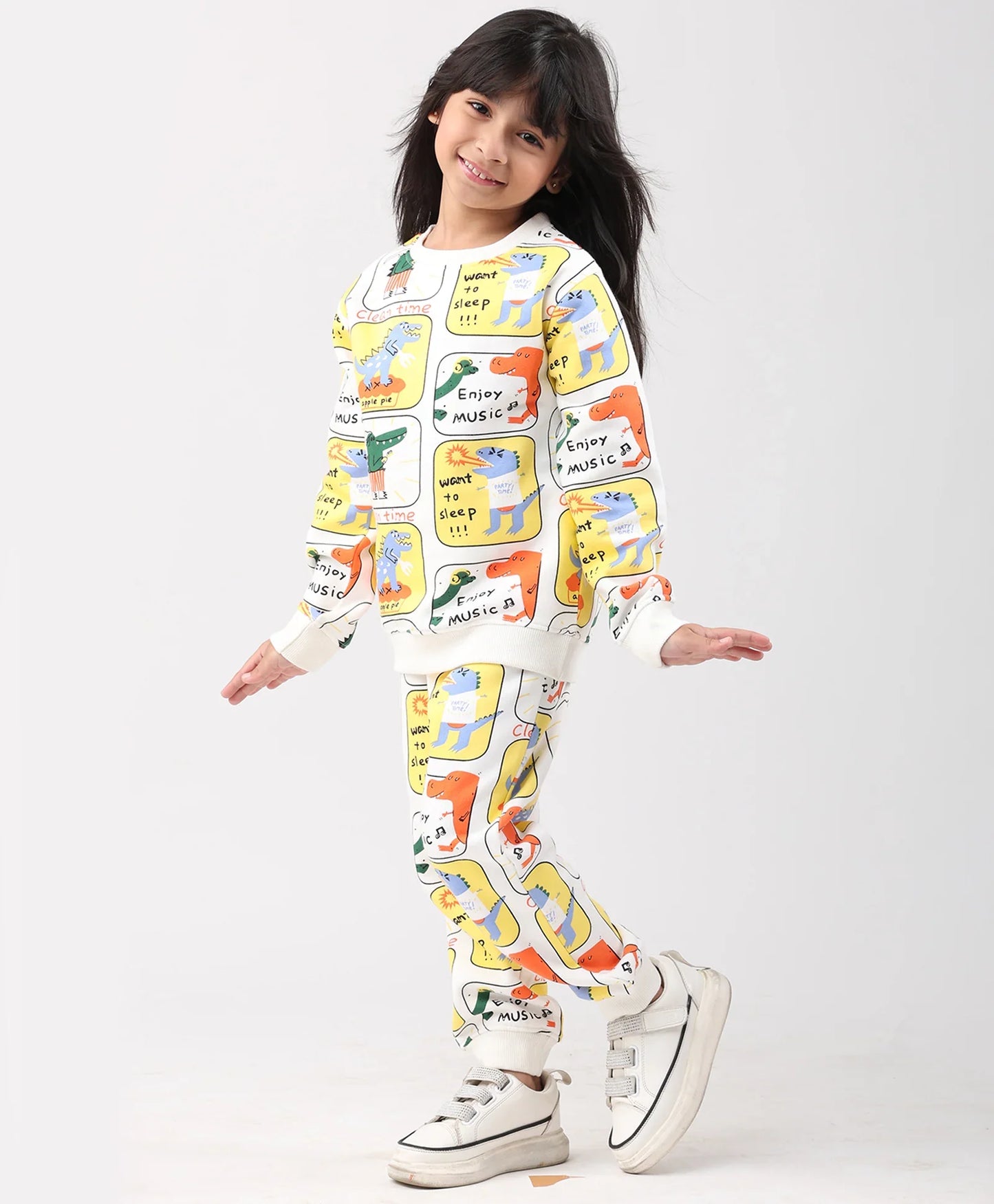 DINOSAUR STAMP FLEECE GIRLS SWEATSHIRT JOGGER SET - OFF WHITE