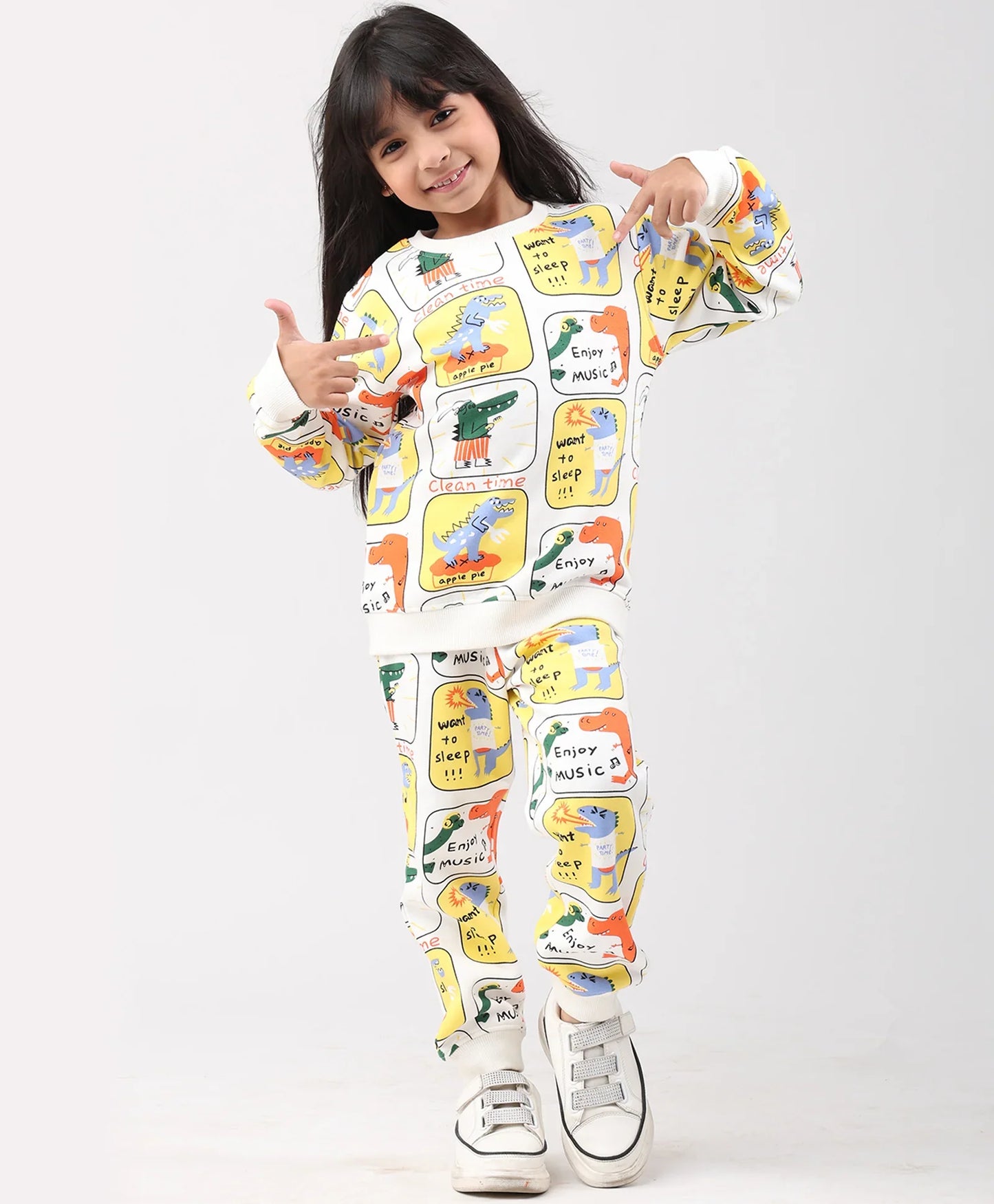 DINOSAUR STAMP FLEECE GIRLS SWEATSHIRT JOGGER SET - OFF WHITE