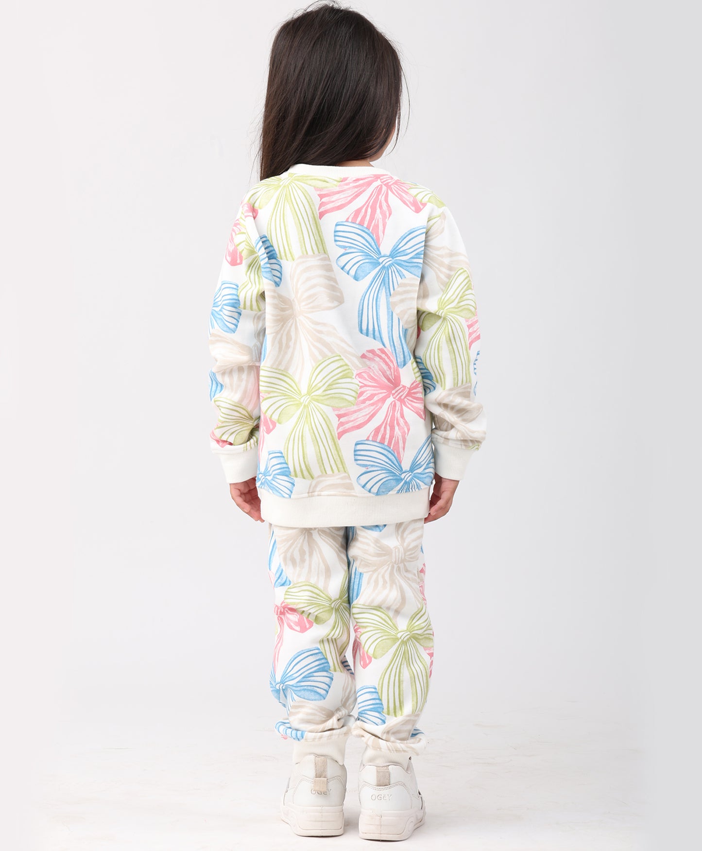 PAINTED BOW GIRLS FLEECE SWEATSHIRT JOGGER SET - WHITE