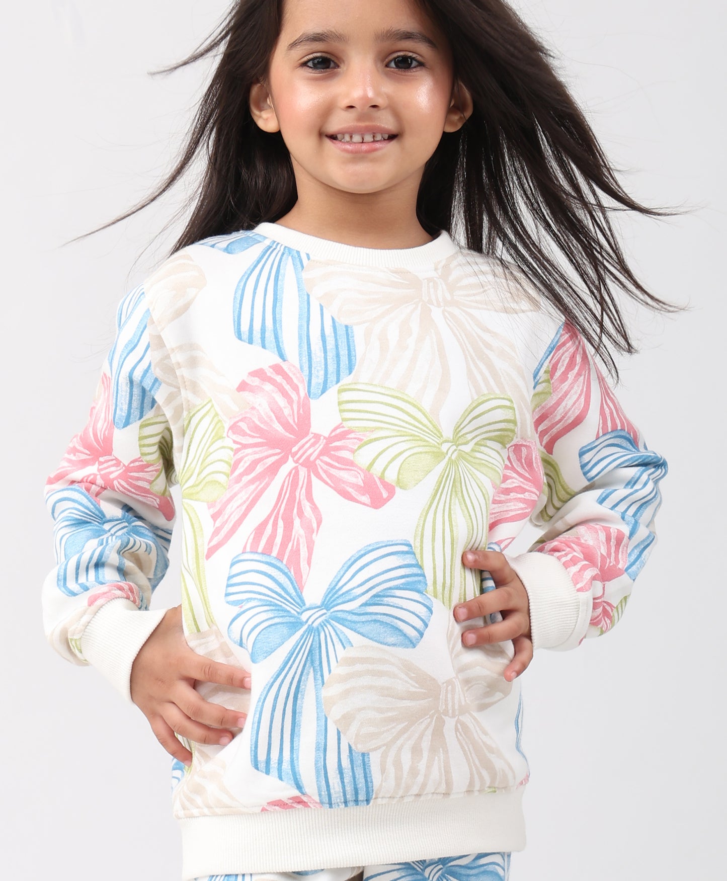 PAINTED BOW GIRLS FLEECE SWEATSHIRT JOGGER SET - WHITE