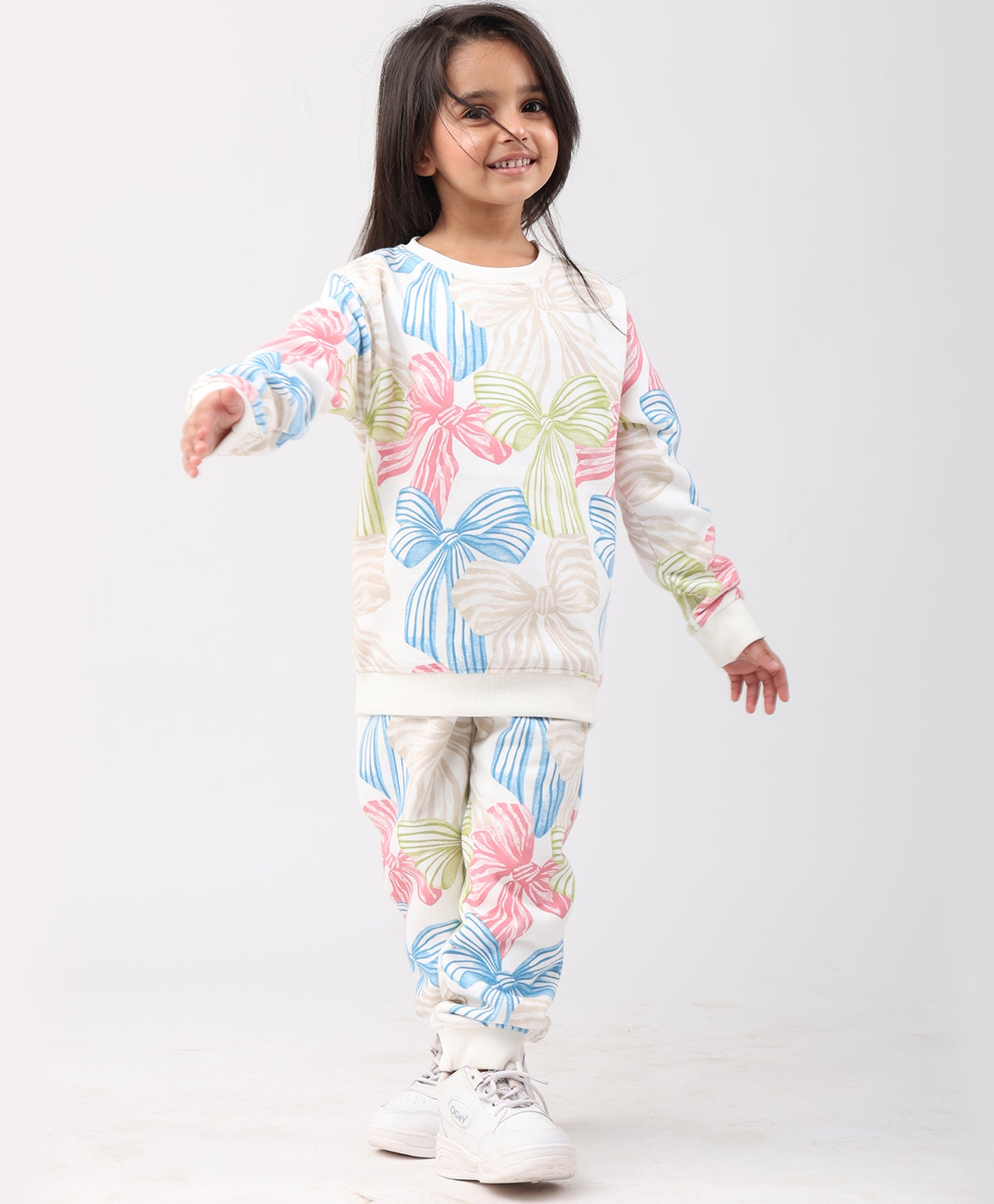 PAINTED BOW GIRLS FLEECE SWEATSHIRT JOGGER SET - WHITE