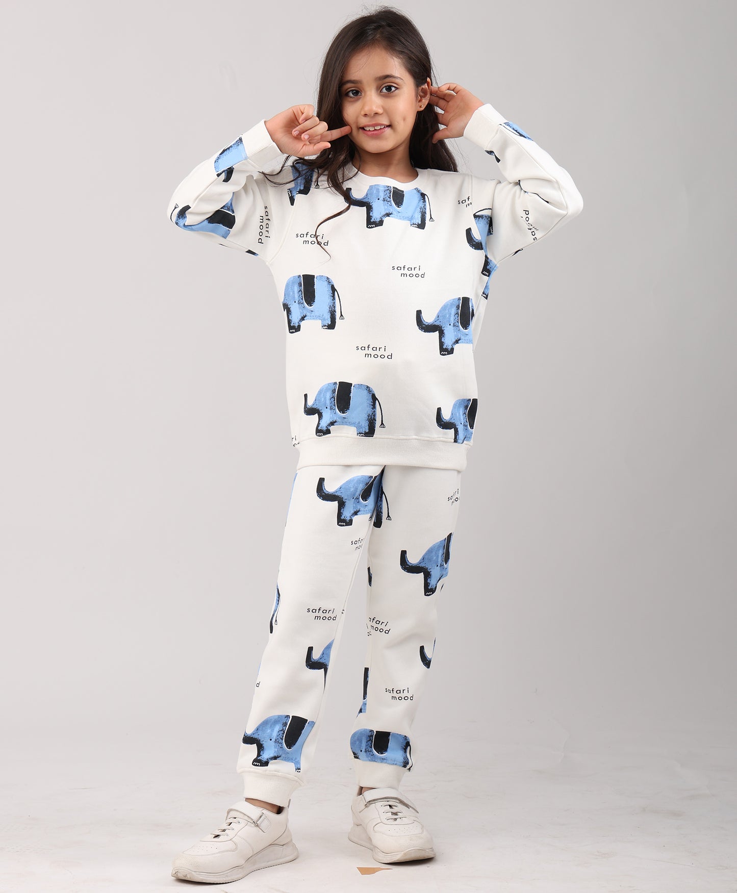 ELEPHANT SAFARI GIRLS FLEECE SWEATSHIRT JOGGER SET - WHITE