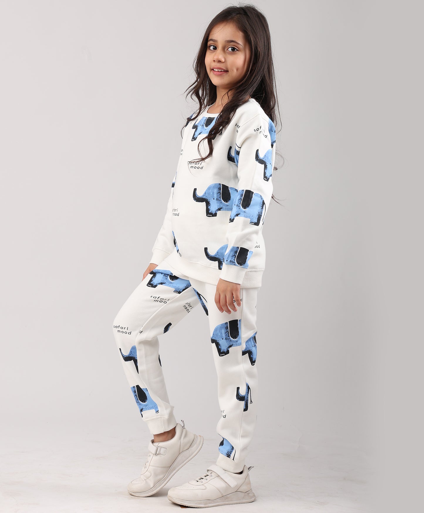 ELEPHANT SAFARI GIRLS FLEECE SWEATSHIRT JOGGER SET - WHITE