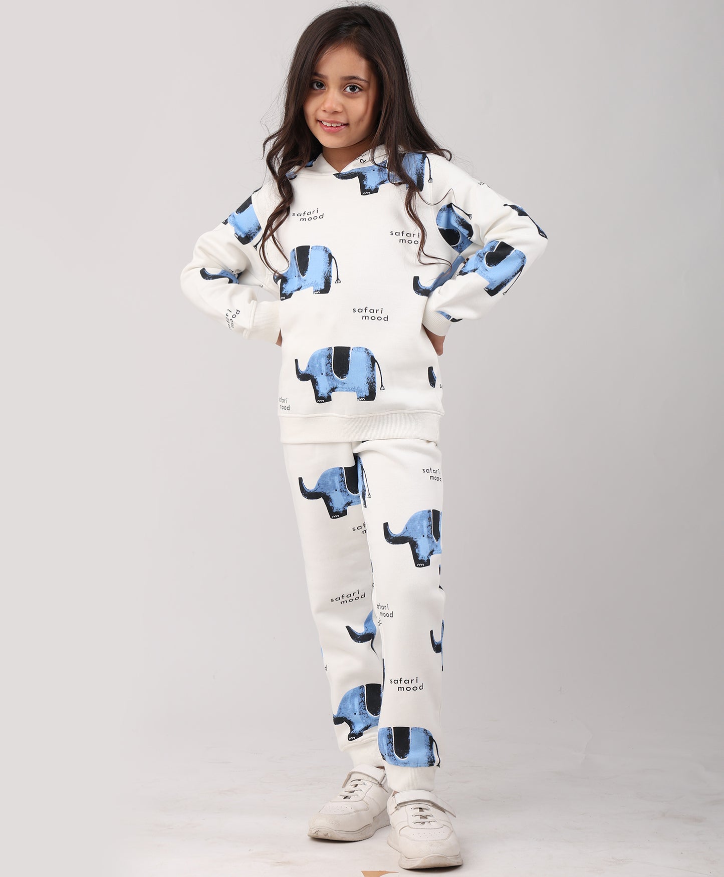 ELEPHANT SAFARI GIRLS FLEECE SWEATSHIRT JOGGER SET - WHITE