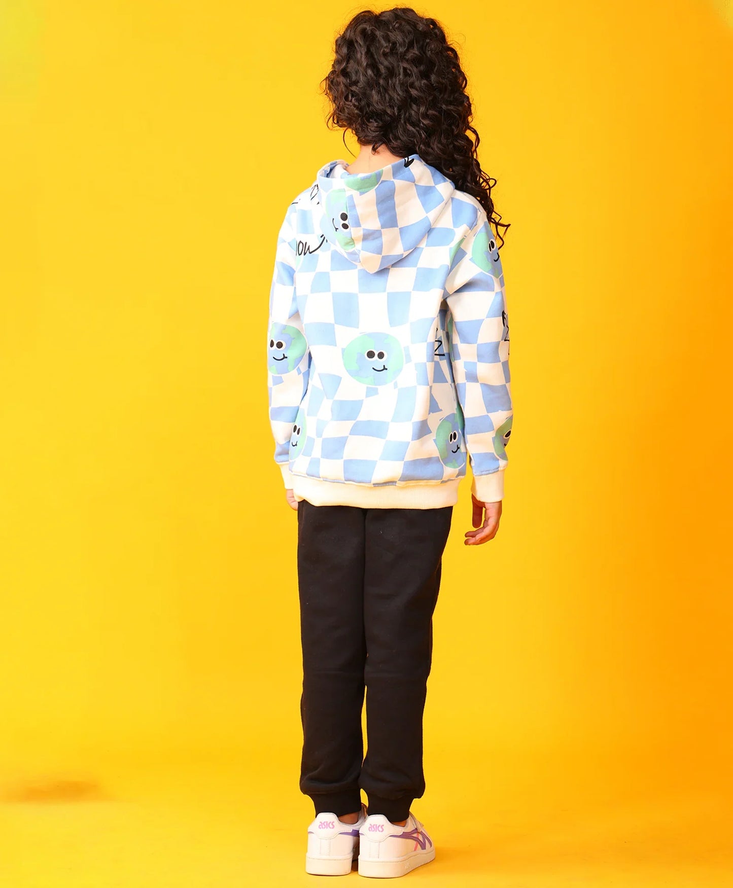 GLOBE CHECK GIRLS FLEECE HOODIE BLACK JOGGER SET - BLUE/BLACK