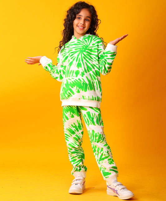 GREEN SWIRL GIRLS FLEECE HOODIE JOGGER SET - GREEN