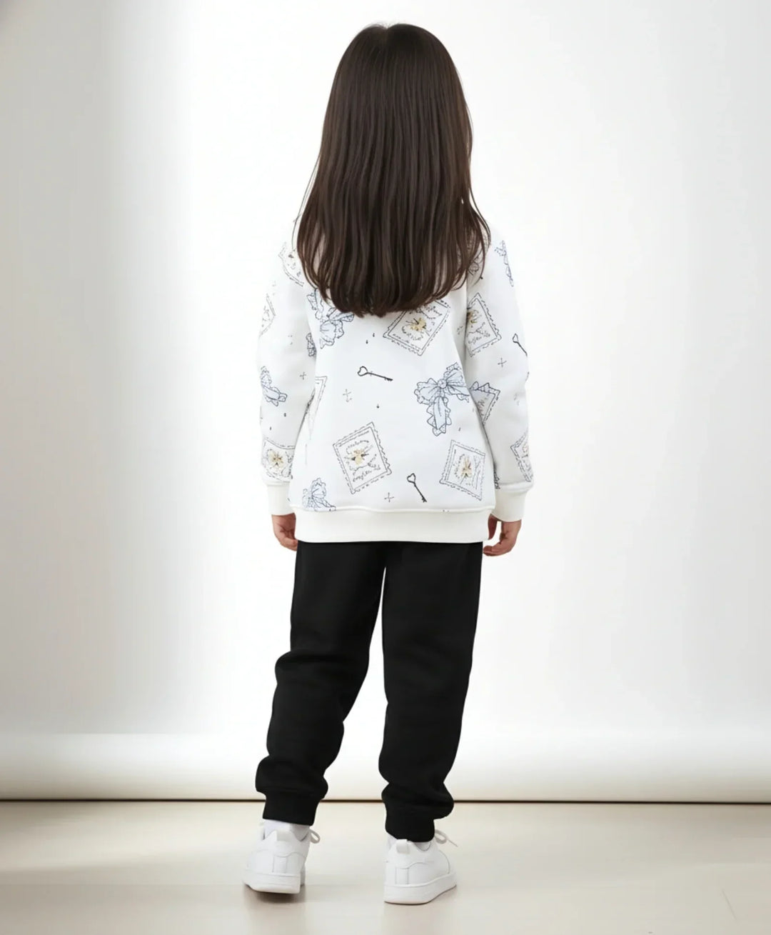 BOW KEY CAT GIRLS FLEECE BLACK SWEATSHIRT JOGGER SET - WHITE/BLACK - Anthrilo 