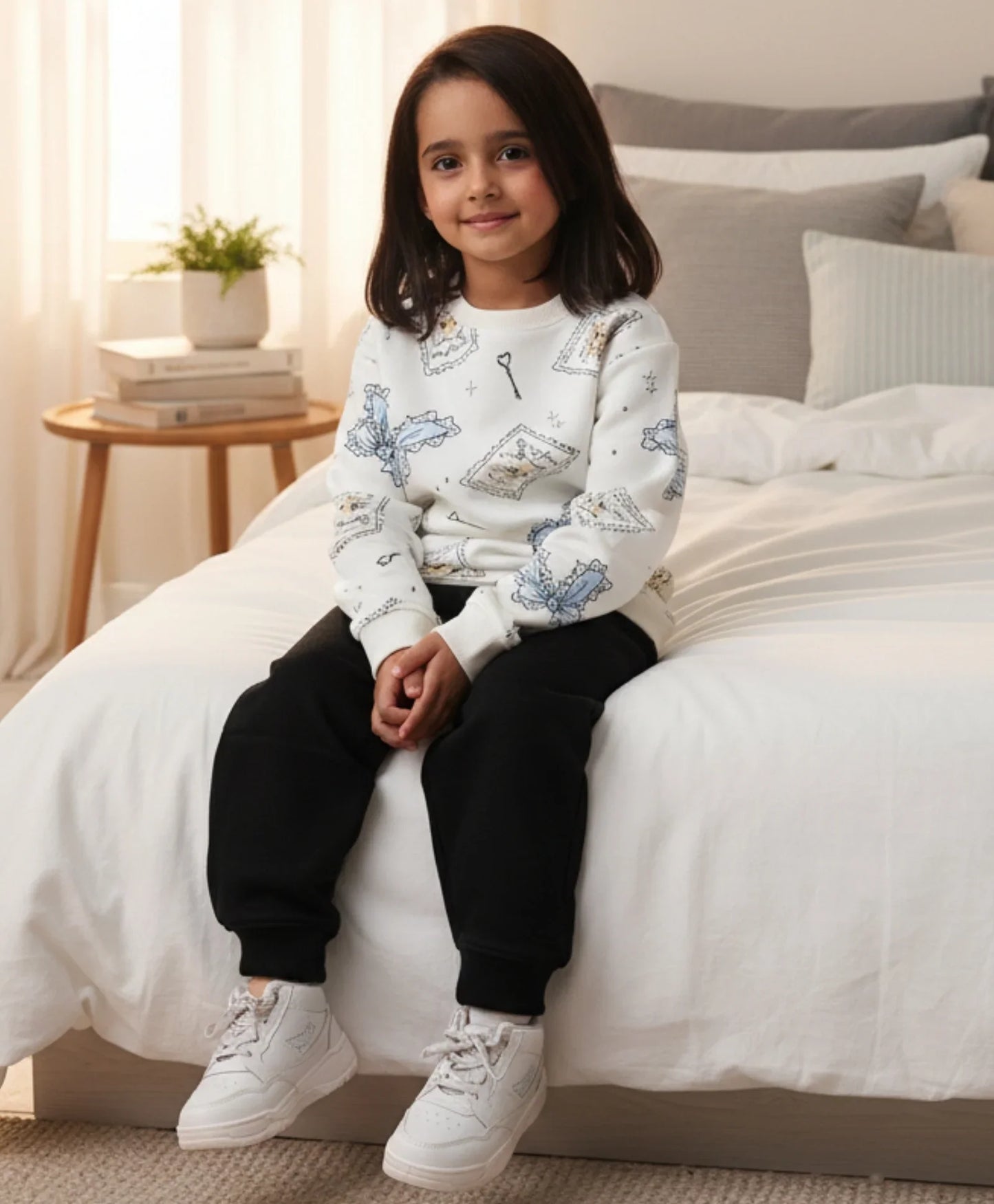 BOW KEY CAT GIRLS FLEECE BLACK SWEATSHIRT JOGGER SET - WHITE/BLACK