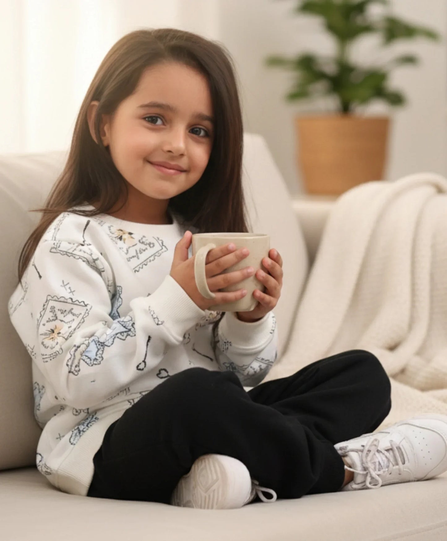 BOW KEY CAT GIRLS FLEECE BLACK SWEATSHIRT JOGGER SET - WHITE/BLACK