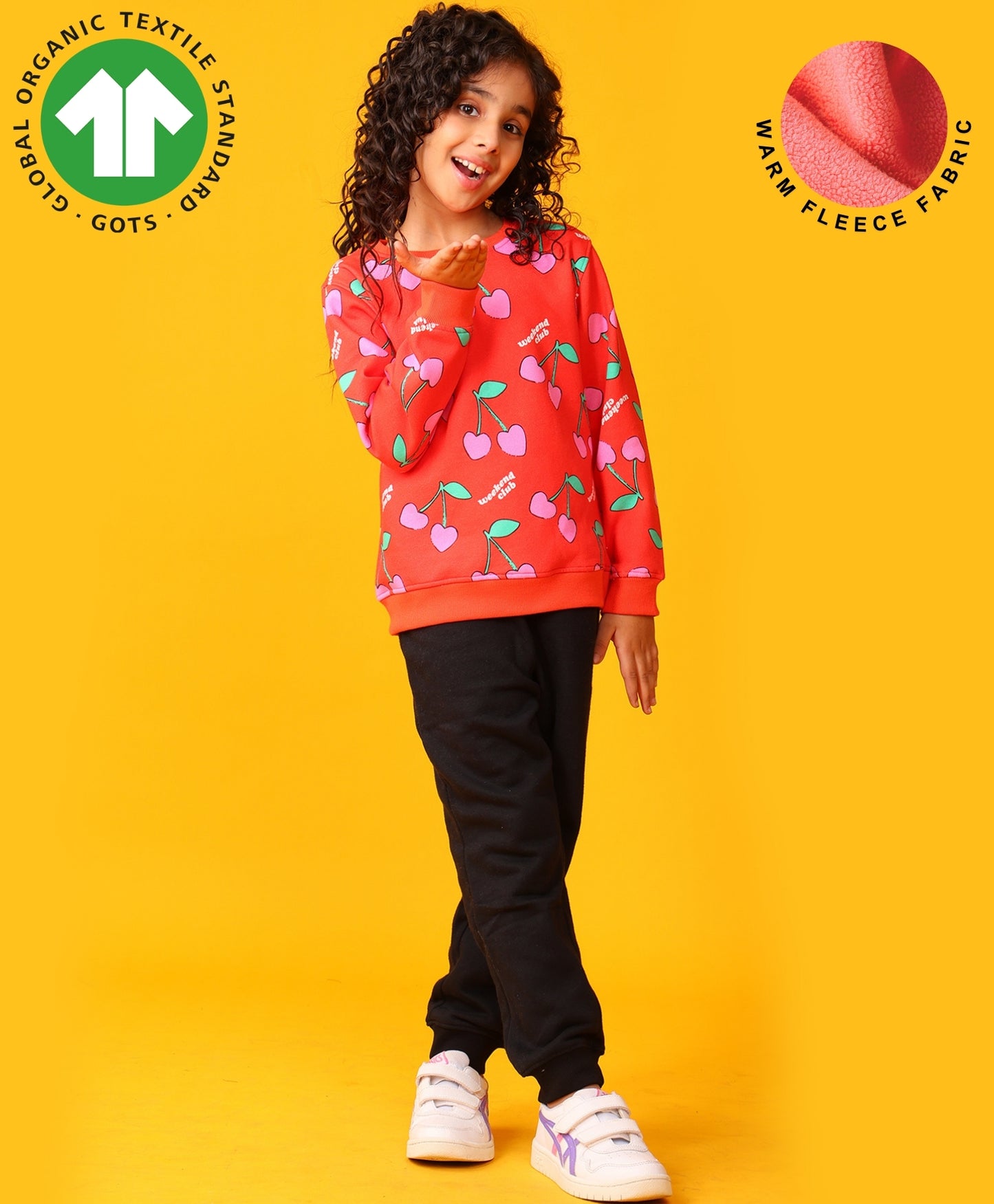 CHERRY RED FLEECE GIRLS SWEATSHIRT BLACK JOGGER SET - RED/BLACK