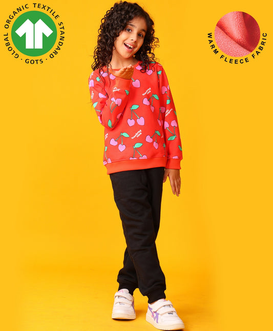 CHERRY RED FLEECE GIRLS SWEATSHIRT BLACK JOGGER SET - RED/BLACK