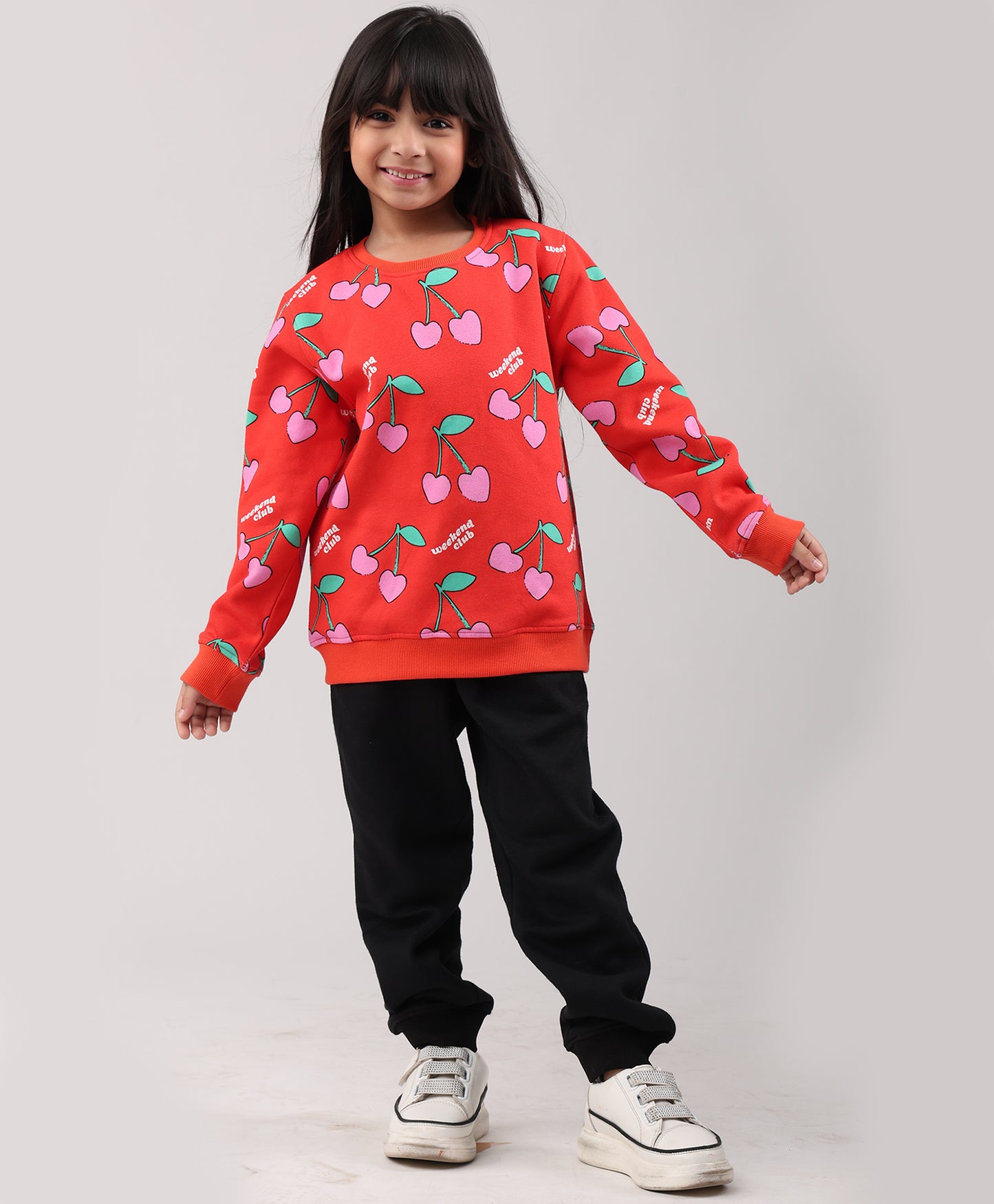 CHERRY RED FLEECE GIRLS SWEATSHIRT BLACK JOGGER SET - RED/BLACK