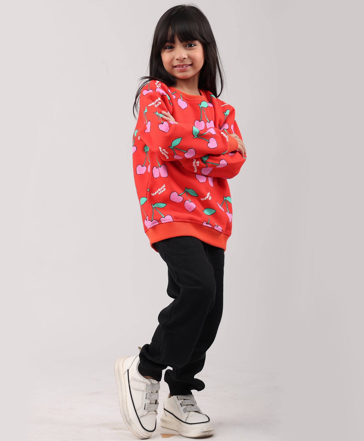 CHERRY RED FLEECE GIRLS SWEATSHIRT BLACK JOGGER SET - RED/BLACK
