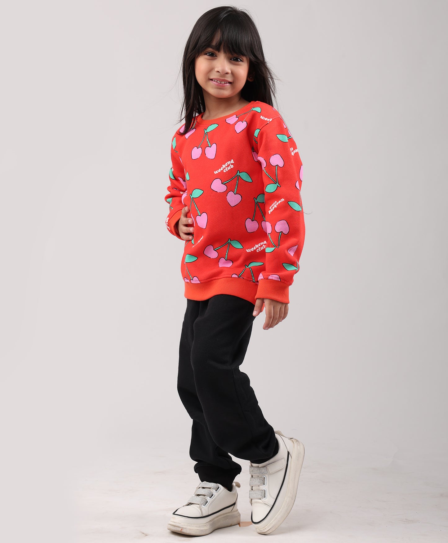 CHERRY RED FLEECE GIRLS SWEATSHIRT BLACK JOGGER SET - RED/BLACK