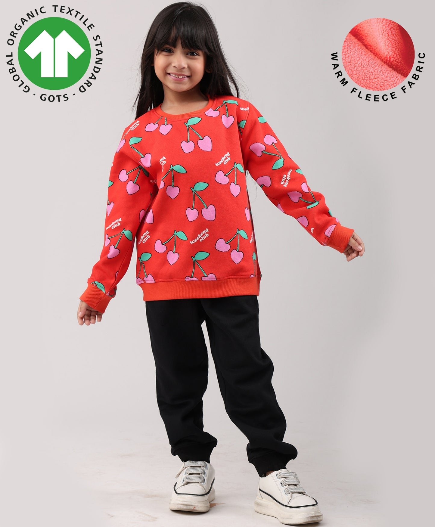 CHERRY RED FLEECE GIRLS SWEATSHIRT BLACK JOGGER SET - RED/BLACK