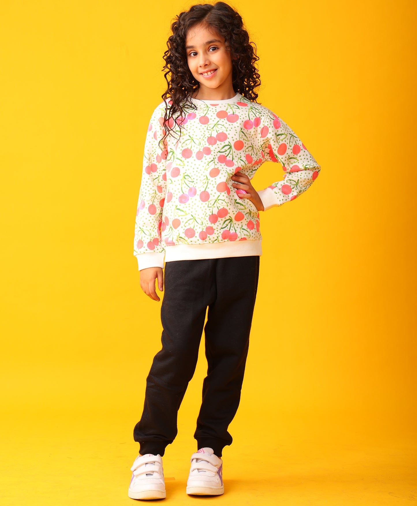 CHERRY LOVE GIRLS FLEECE SWEATSHIRT BLACK JOGGER SET - WHITE/BLACK