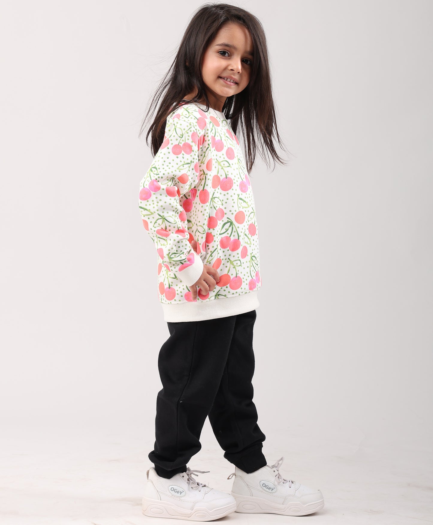 CHERRY LOVE GIRLS FLEECE SWEATSHIRT BLACK JOGGER SET - WHITE/BLACK