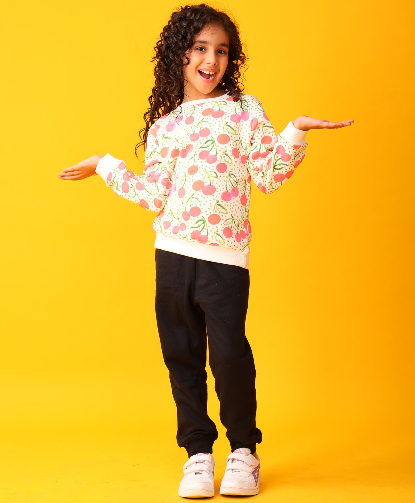 CHERRY LOVE GIRLS FLEECE SWEATSHIRT BLACK JOGGER SET - WHITE/BLACK