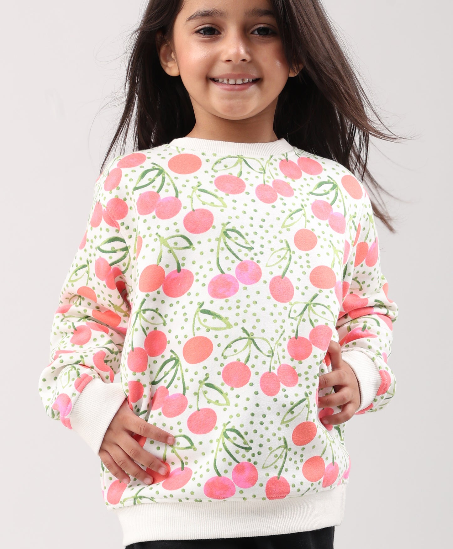 CHERRY LOVE GIRLS FLEECE SWEATSHIRT BLACK JOGGER SET - WHITE/BLACK