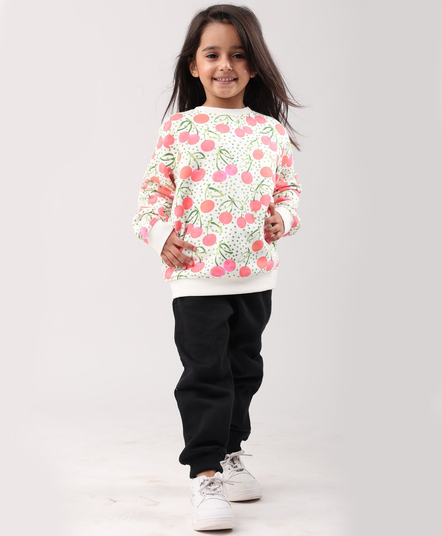 CHERRY LOVE GIRLS FLEECE SWEATSHIRT BLACK JOGGER SET - WHITE/BLACK
