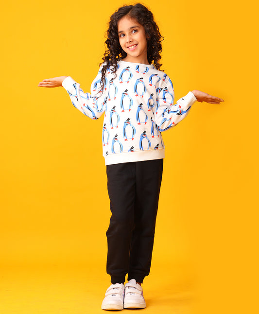 PENGUIN FLEECE GIRLS SWEATSHIRT BLACK JOGGER SET - WHITE/BLACK