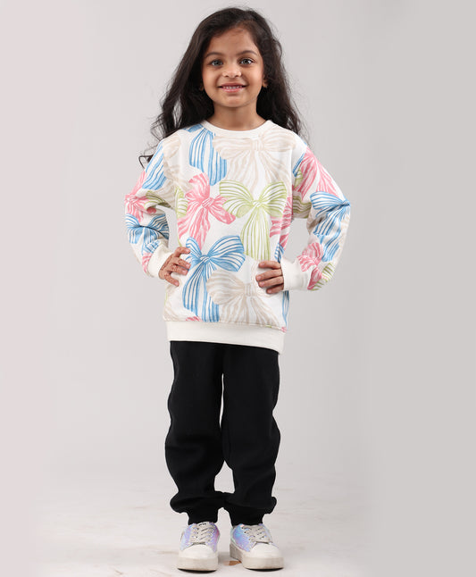 PAINTED BOW GIRLS FLEECE SWEATSHIRT BLACK JOGGER SET - WHITE/BLACK