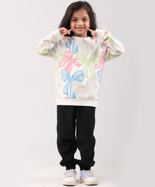 PAINTED BOW GIRLS FLEECE SWEATSHIRT BLACK JOGGER SET - WHITE/BLACK