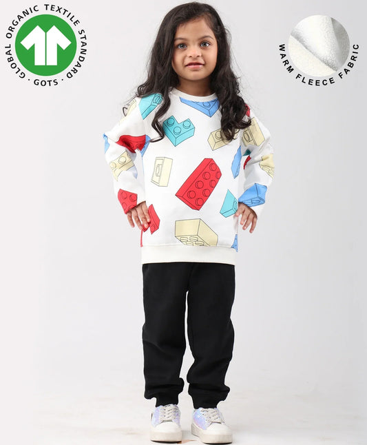 BLOCK BUILDER FLEECE GIRLS SWEATSHIRT BLACK JOGGER SET - OFF WHITE/BLACK