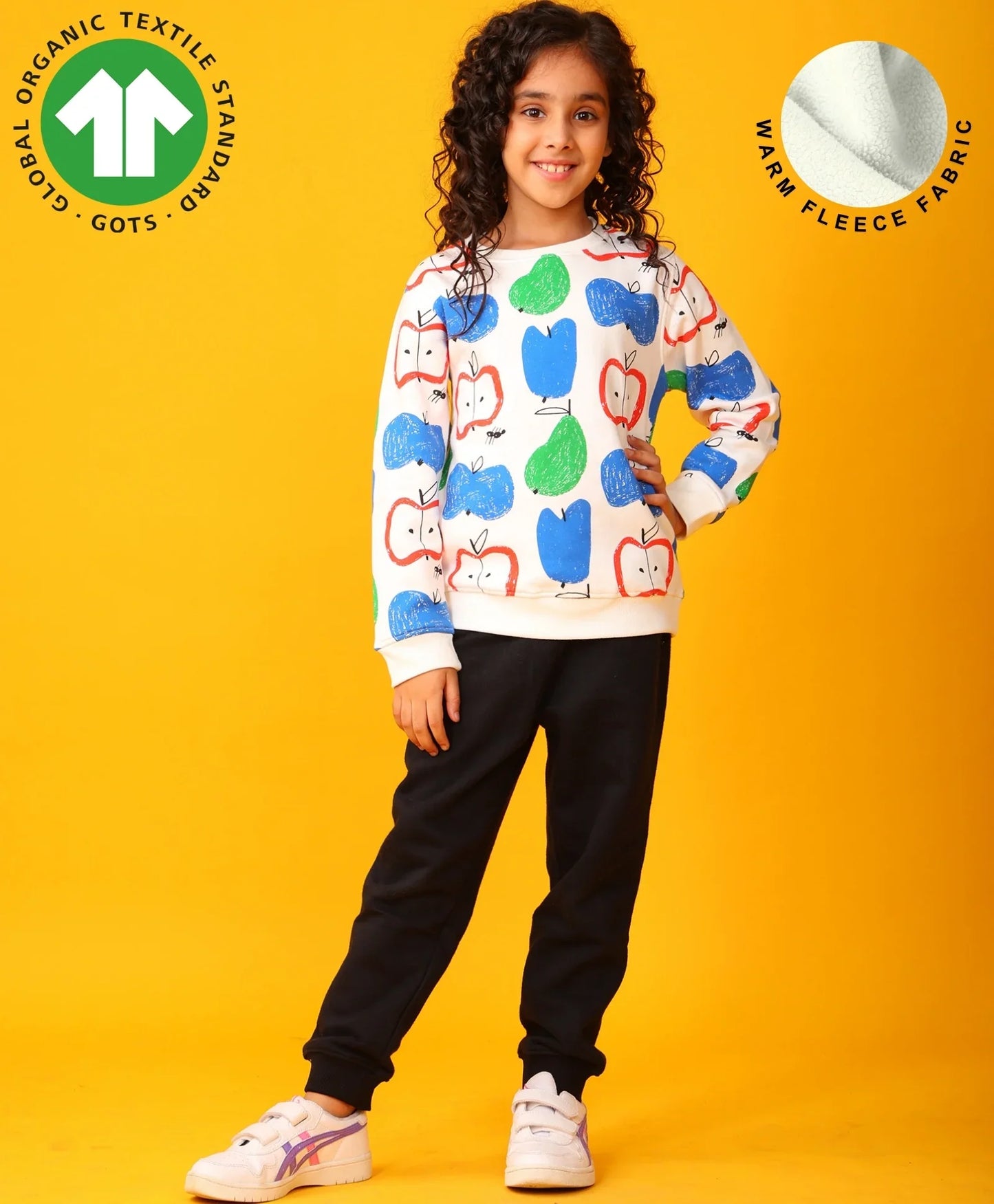 APPLE PEAR GIRLS FLEECE SWEATSHIRT BLACK JOGGER SET - WHITE/BLACK