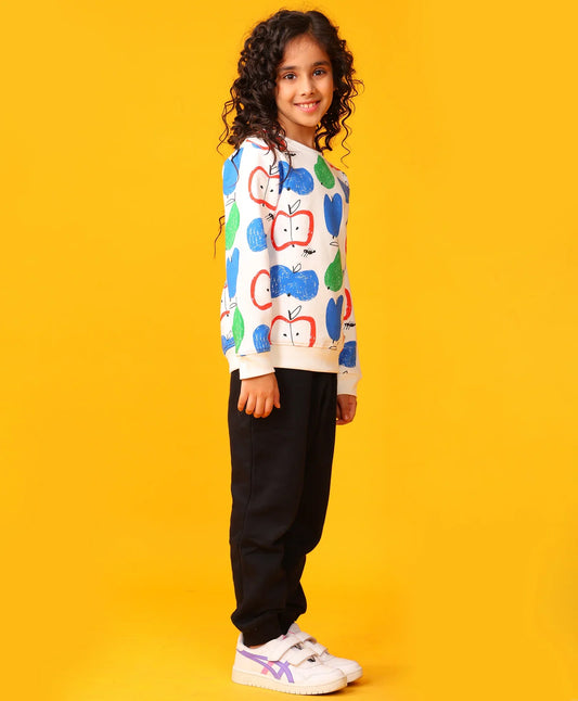 APPLE PEAR GIRLS FLEECE SWEATSHIRT BLACK JOGGER SET - WHITE/BLACK