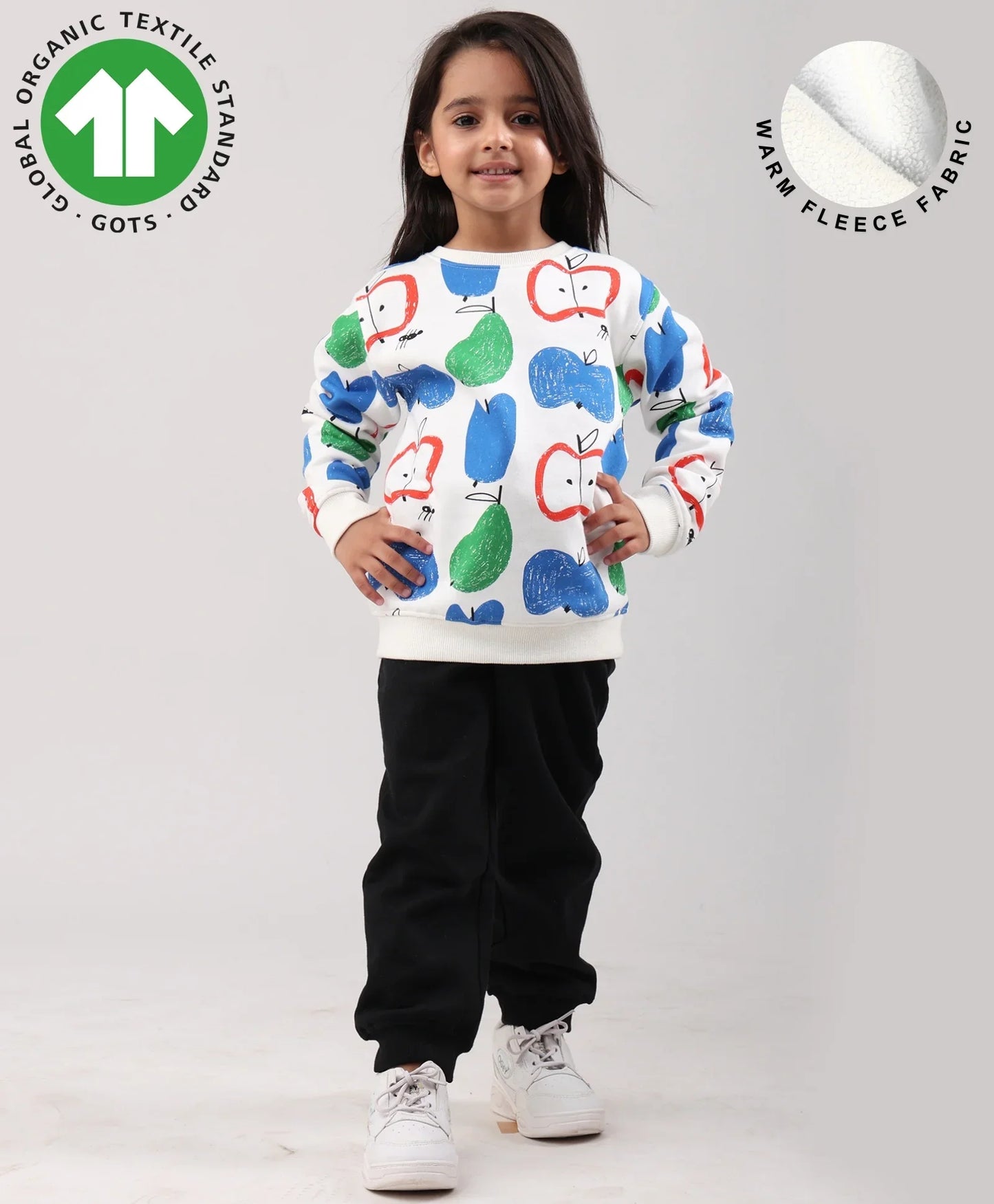 APPLE PEAR GIRLS FLEECE SWEATSHIRT BLACK JOGGER SET - WHITE/BLACK