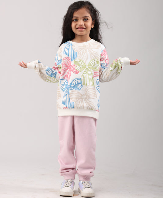 PAINTED BOW GIRLS SWEATSHIRT PINK FLEECE JOGGER SET - WHITE/PINK
