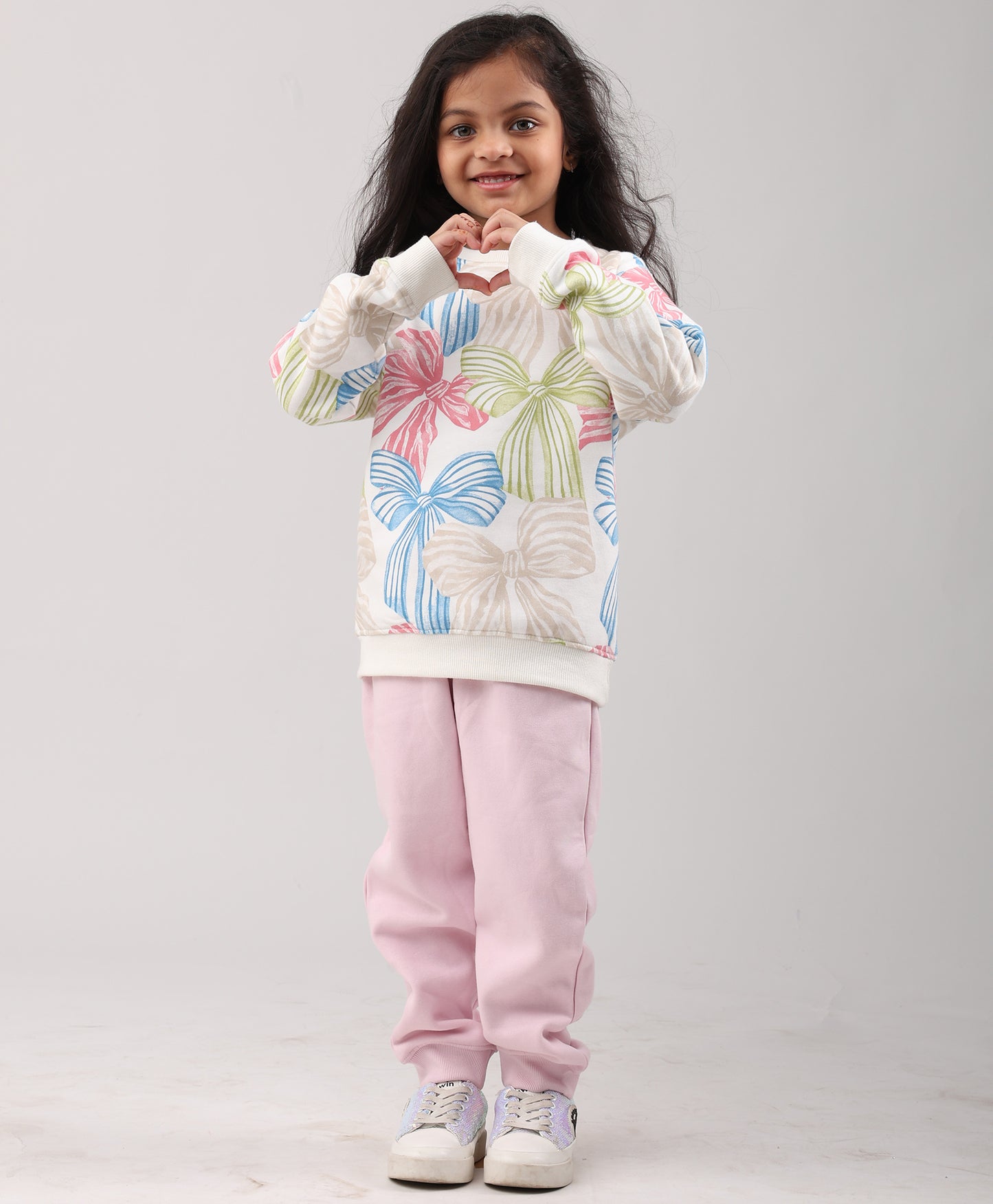 PAINTED BOW GIRLS SWEATSHIRT PINK FLEECE JOGGER SET - WHITE/PINK
